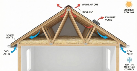 Attic ventilation under the roof illustration